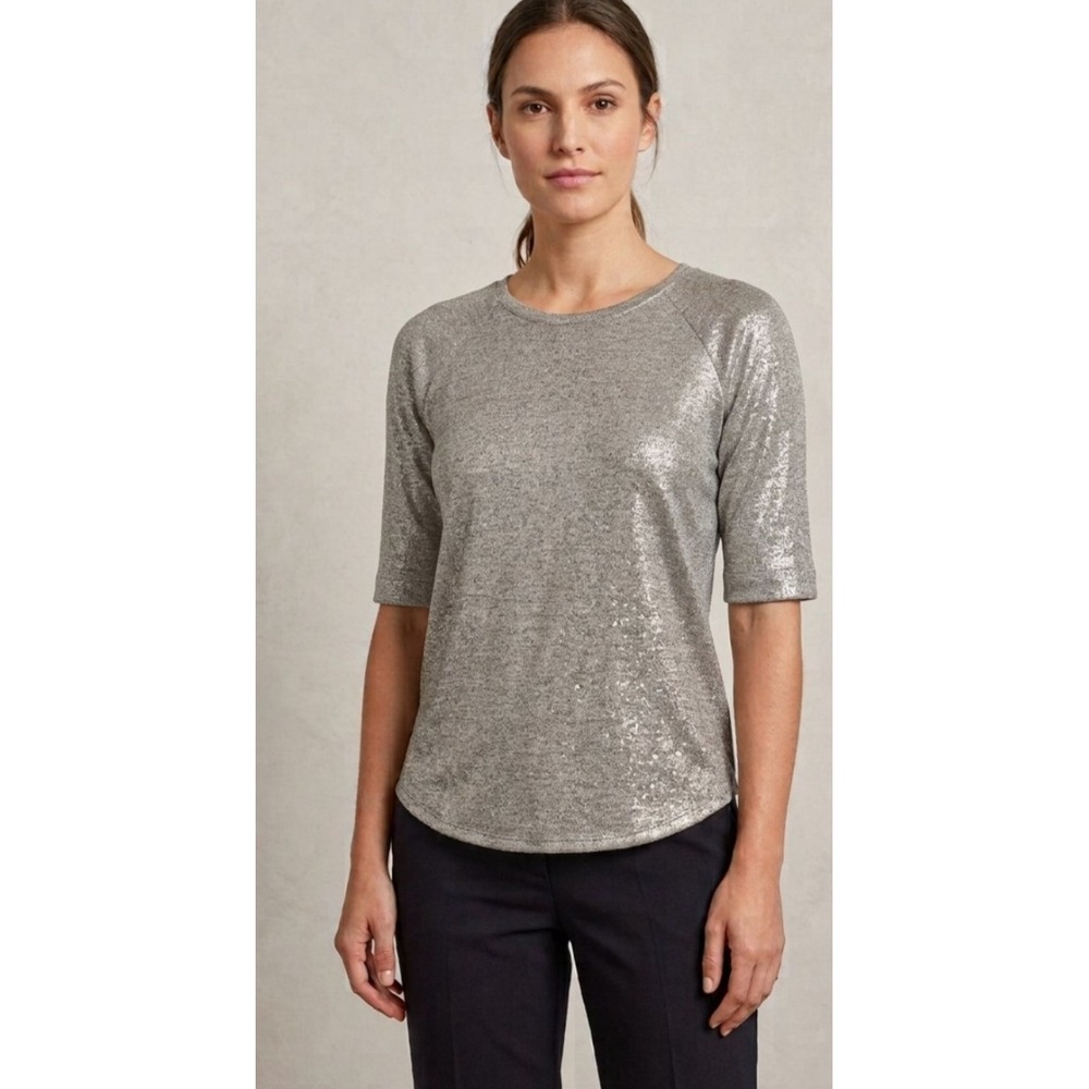 Fourteenth Place Silver Metallic Knit Elbow Sleeve Crew Neck Top Medium